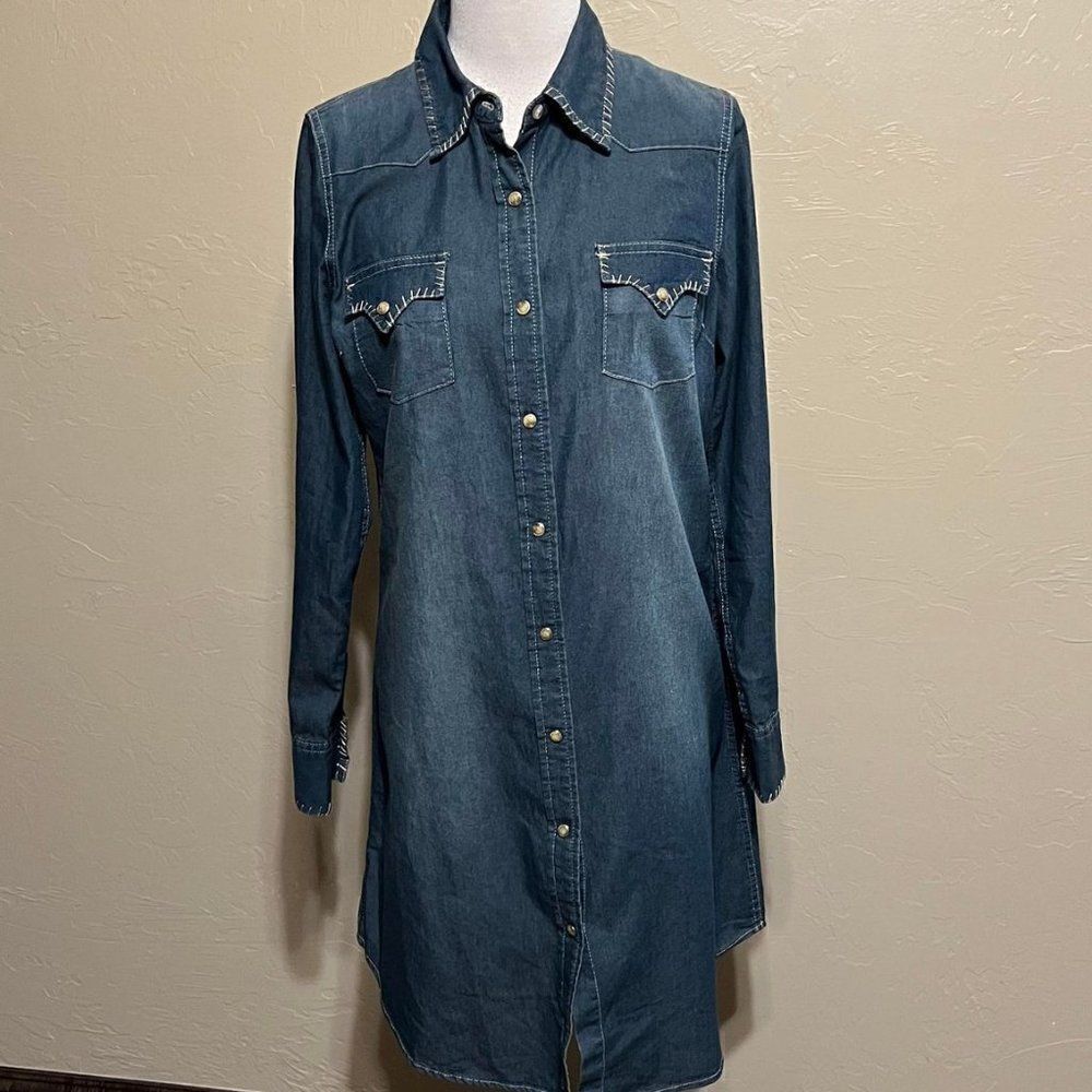 NWT Cowgirl Justice "get Lucky" Long Sleeve Denim Pearl Snap Dress Size Small
